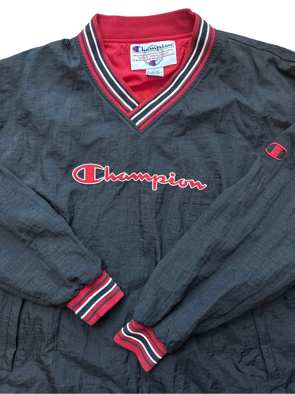 Vintage Champion‎ Men’s Black & Red V-Neck Pullover Size L Champion Spell Out